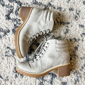 light grey lace up tie fall/winter combat boots with chunky heel